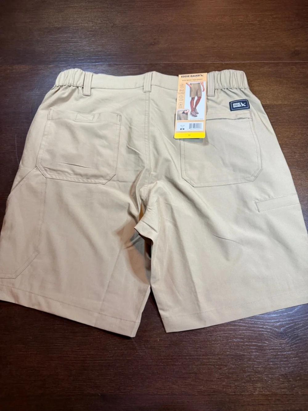 NWT Eddie Bauer Flex Waist Tech Shorts Men's M Khaki UPF 30 Stretch Zip Pockets